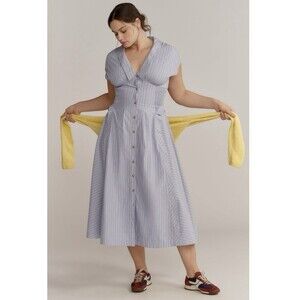 Anthropologie Short Sleeve V Neck Pleated Midi Dress Sz XL Blue White Stripe